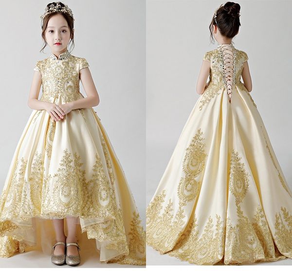 

girls pageant flower girl dresses gold applique beads crystal draped high collar short sleeve hi-lo a-line flower girl dresses first holy, White;red