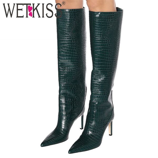 

wetkiss emboss pu boots women knee high boot pointed toe party shoes female fashion high heels shoes ladies winter plus size 48, Black