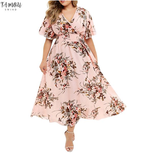 

lus size floral print v-neck casual dress women 2020 summer short sleeve a line high waist trapeze maxi dresses, Black;gray