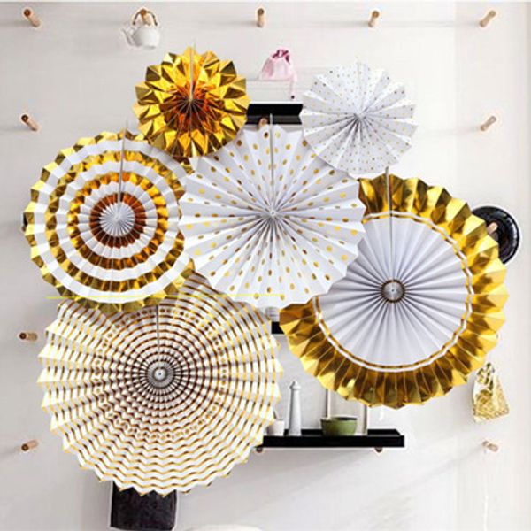 

6pcs gold paper fan flower manual three-dimensional paper folding fan lahua festival party decoration origami fan flower hanging jewel