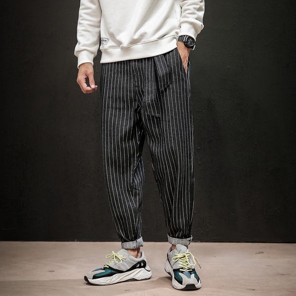 

autumn jeans men striped drawstring full length cowboy harem pants plus size fashion wild male denim trousers vintage tide, Blue
