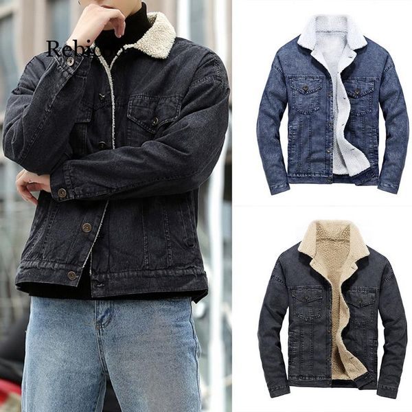 

warm coat men 2019 jacket long sleeve loose jeans thick outwear mens denim jacket with fur men autumn winter jeans, Black;brown
