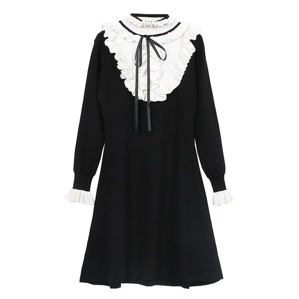 

autumn winter brand fashion elegant little black bow slim long sleeve ruffles neck mini dresses balck, White;black