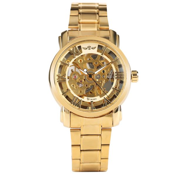 

men's skeleton mechanical watches self wind vintage style gold relogio automatico masculino luxury watch mechanical men clock, Slivery;brown
