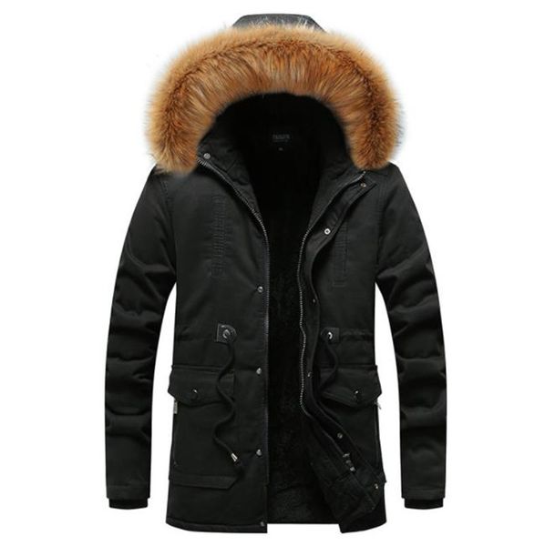 

mens designer winter coats casual plus velvet thick solid color long sleeved fur hooded long jackets mens fashion coats, Black