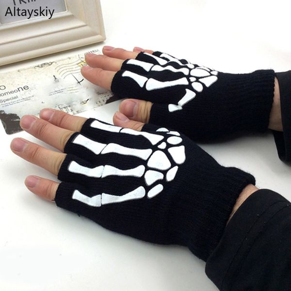 

gloves women solid patchwork skull half-fingered knitting gothic punk plus velvet womens glove warm winter chic trendy all-match, Blue;gray