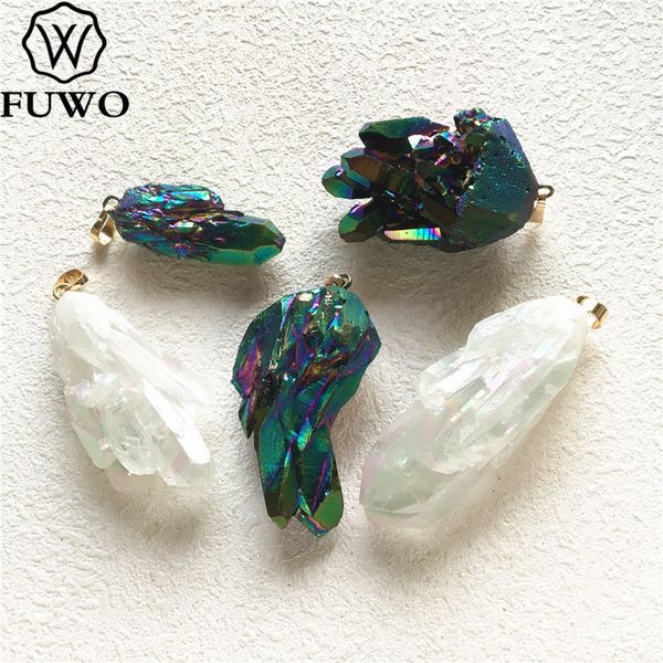 

fuwo natural aura crystal quartz pendant with titanium plated irregular crystal cluster pendant for necklace making pd275, Silver