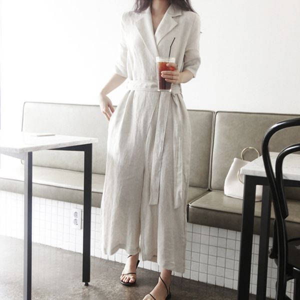 

ewq]2020 summer new simple short sleeve belt casual long jumpsuit korea style elastic waist straight slim modern lady jumpsuits, Black;white
