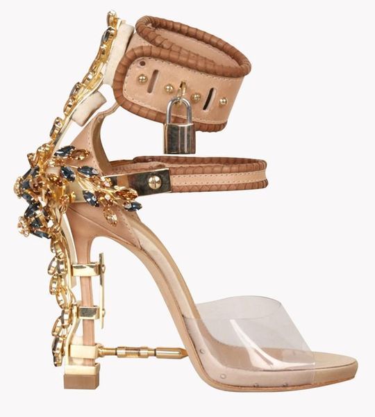 Hot Luxury Sale-Verão Estranho Heel Cristal Cadeado com tira no tornozelo Rhinestone Sandals