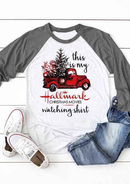 

2019 christmas new products see christmas classic movie baseball round neck letter print t-shirt, four color six yards 2pcs, White