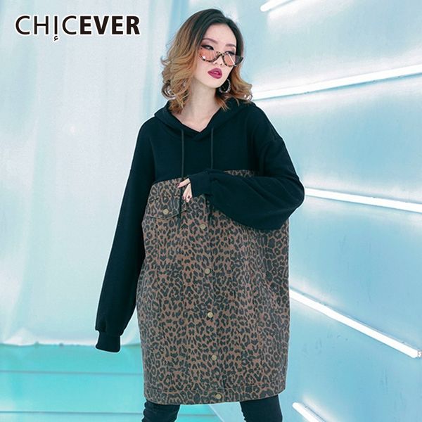 

chicever patchwork leopard warm hoodies for women batwing sleeve loose hit colors denim sweatshirts fashion clothing tide, Black