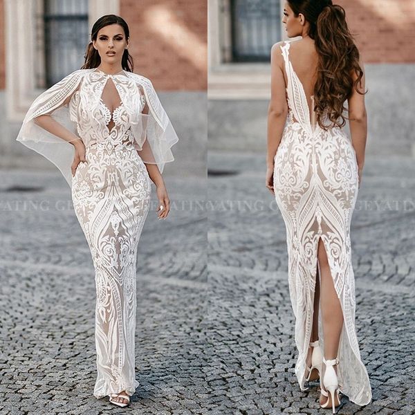 

2020 elegant arabic white evening dresses with cape v neck backless slit back sequin ankle length prom gowns