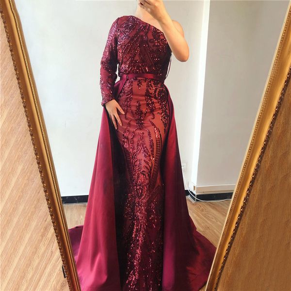 

charming formal party prom gowns bling bling two pieces burgundy mermaid evening dress sparkly removable skirt one shoulder classic sequined, Black;red