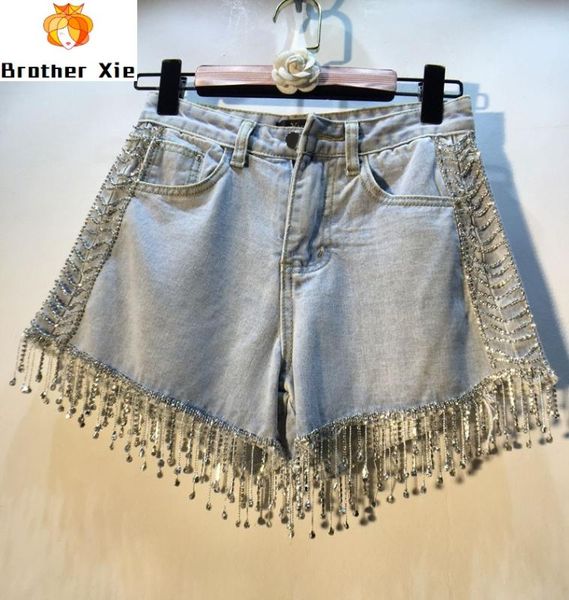 

светло-голубые джинсовые шорты женщина 2020 летняя одежда европейский стиль промышленные кисточки бисер алмаз джинсовые шорты женские горячи, Blue