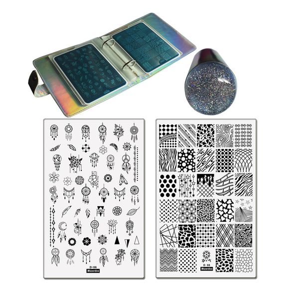 

2pcs large nail stamping plates+1rainbow silicone nail stamping set +1holographic 20slot silver laser template holder tool kits