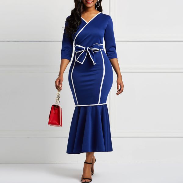 

women clothes summer dress women dress long sleeves mermaid falbala v neck color block women midi dresses bowknot elegant female party, Black;gray