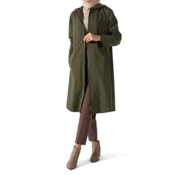 

zipper hooded trench coat, Tan;black