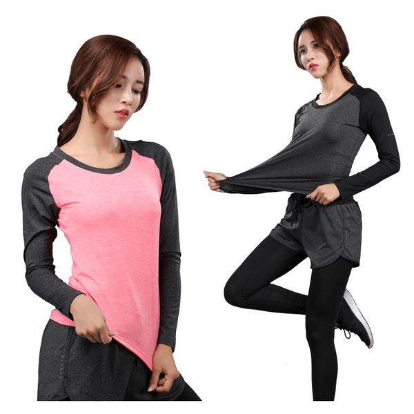 

long sleeves women shirt gym compression tight sport shirts quick dry yoga training woman round neck running tee, White;red