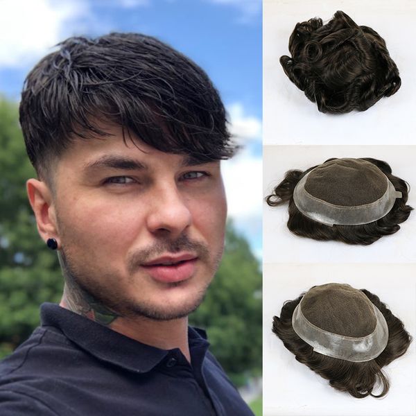 

швейцарский шнурок pu toupee замена системы ручной работы мужчины парик шиньон природные remy индийских человеческих волос 6 дюймов, Black