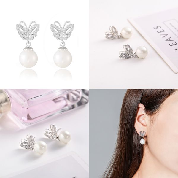 

butterfly pearl ear nail ma'am concise personality temperament fully-jewelled eardrop zircon earring designer stud earrings, Silver