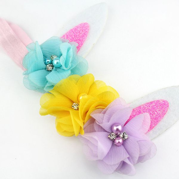 

8pcs 2.5" easter day shabby chiffon flowers headband ears festival floral elastic hair bands diy girls hair, Slivery;white