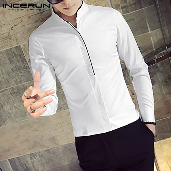 

incerun men solid color long sleeve casual dress shirt fashion comfort collar elegant button mens slim fitness blouse streetwear, White;black