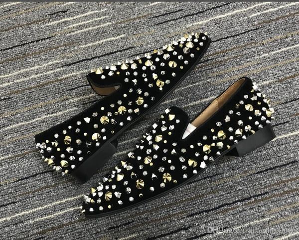 

with box]2019 cowhide suede rhinestone spikes men's spiked red bottom dress business shoes luxury party wedding shoes genuine leather, Black