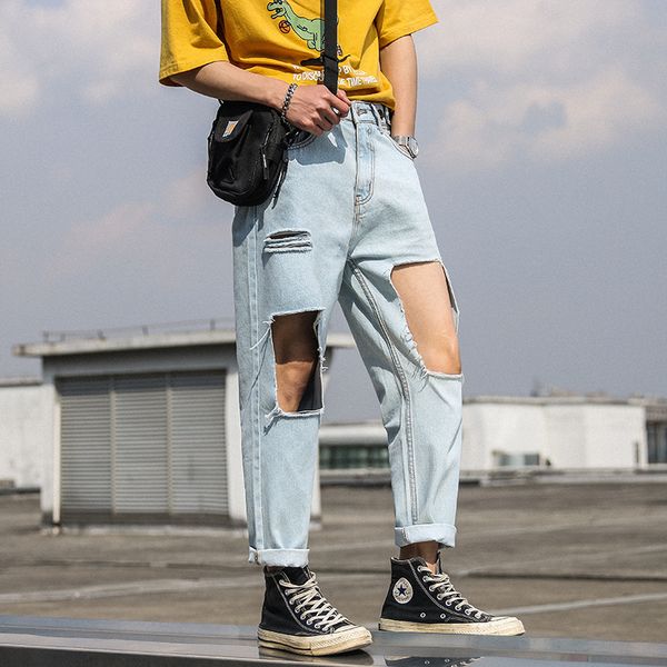 

fashion korean wild youthful jeans new big hole denim pants handsome comfortable nine points pants size s-2xl, Blue