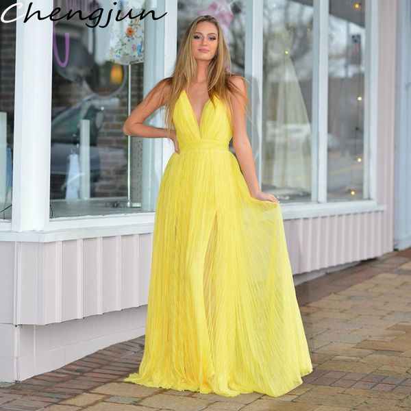 

chengjun latest sweep train deep v neck long yellow tulle evening dress 2019, White;black