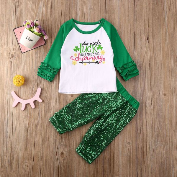 

fashion kids baby girl st.patrick's day clothes sets 2pcs ruffles sleeve sequins pants outfits 2020 children girl set 0-4y, White