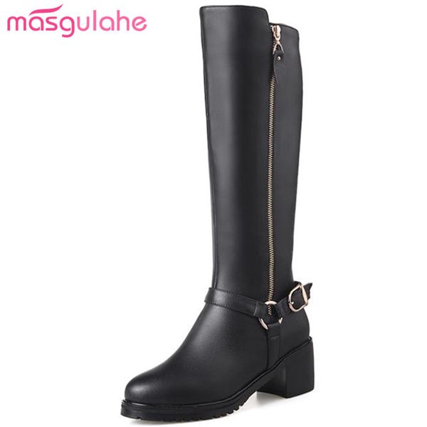 

masgulahe 2018 new pu+genuine leather boots round toe thick heels winter boots buckle knee high big size 34-43 woman shoes, Black