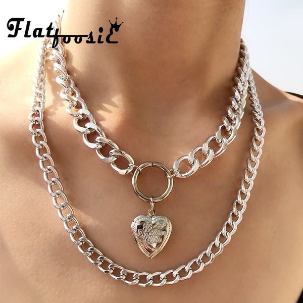 

flatfoosie carved heart metal big thick chain choker necklace women fashion exaggerated punk necklace female jewelry accessories, Silver