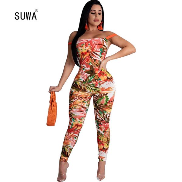 

casual leaf print back bandage hollow-out pencil leggings long jumpsuit women's rompers femme overalls summer wear, Black;white