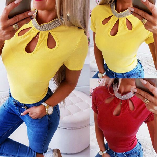 

Women Crew Neck T-shirt Hollow Short Sleeve Tops Summer Holiday Casual Blouse
