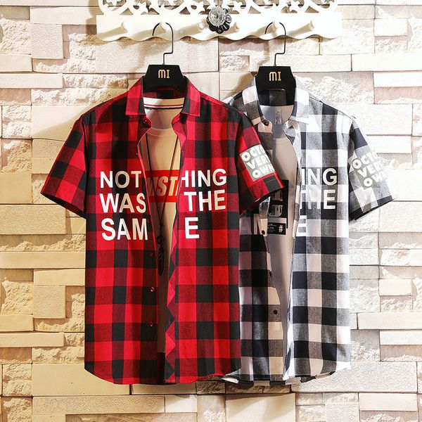 

#0162 лето красный и черный плед хип-хоп рубашка мужчины с коротким рукавом обычная посадка письма печатные уличная harajuku лацкан воротник, White;black