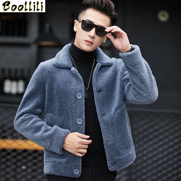 

men's leather & faux boollili winter jacket real natural fur coat men sheep shearing 100% wool short jackets two side wear, Black