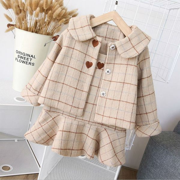 

pleated girls 2 pieces baby fashion clothing set coat spring costume children winter dress fashion new plaid clot quality high hvluj, Black
