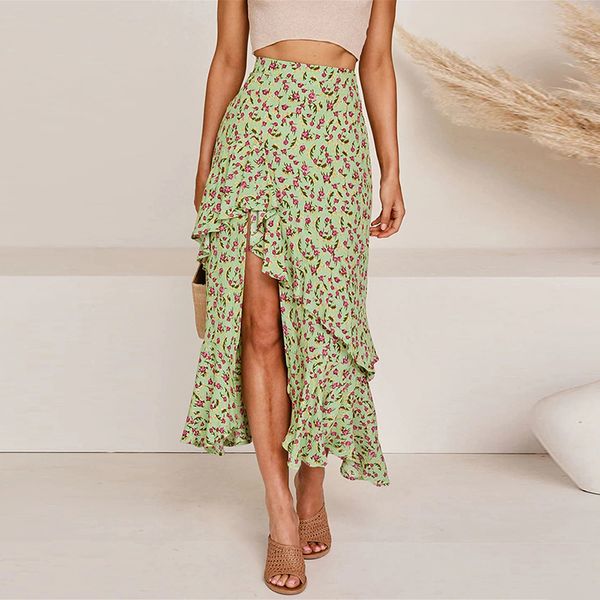 

floral print high waist ruffle skirts women summer 2020 elegant casual asymmetrical boho long skirts beach holiday female, Black
