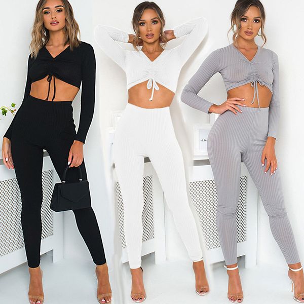 

fashion womens long sleeve v-neck drawstring bandage long pants set, Black;blue