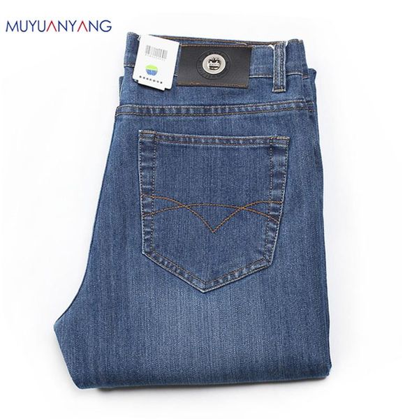 

mu yuan yang men's stretch jeans men elastic cotton denim pants loose fit trousers new brand menswear, Blue