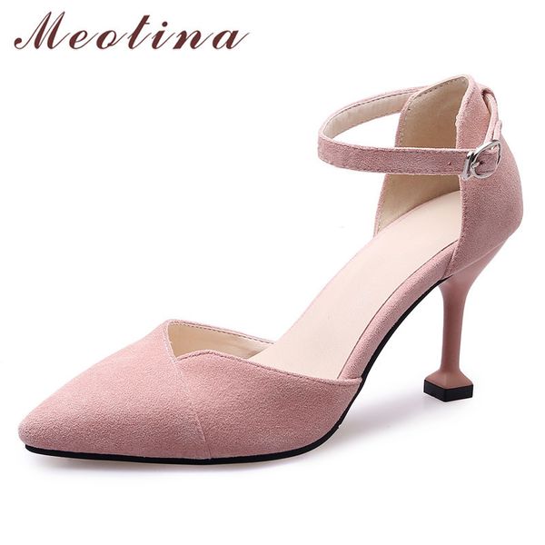 

meotina high heels women pumps thin high heel party shoes buckle pointed toe ankle strap shoes female black big size 34-43