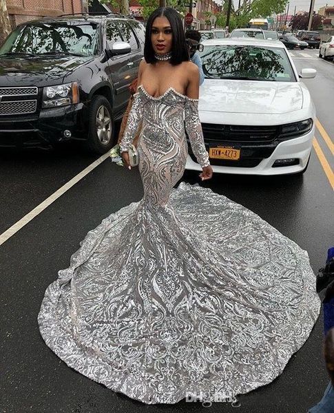 

Sliver Mermaid Prom Dresses 2019 New Long Sleeve Sweep Strain Illusion Sweetheart Off Shoulder Formal Evening Dress Party Gowns Custom Made