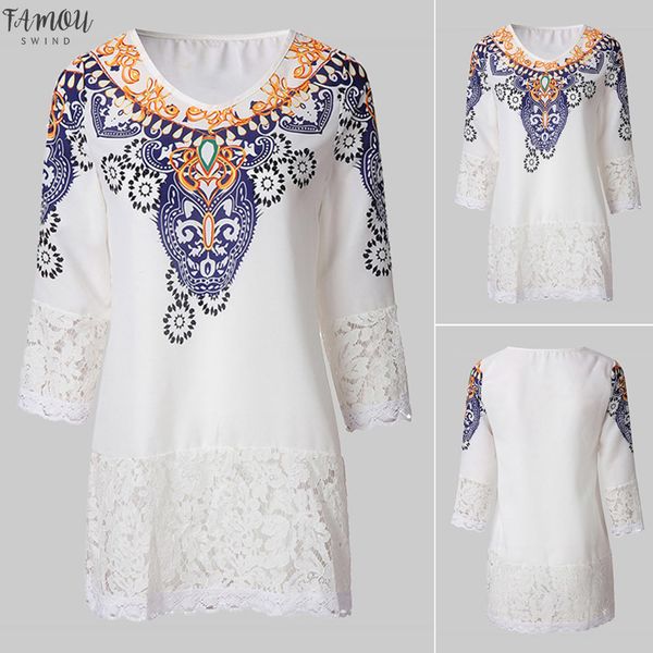 

women bohemia blouse cool print loose three quarter v neck ladies shirts summer fashion lace females beach v neck blouse g8, White