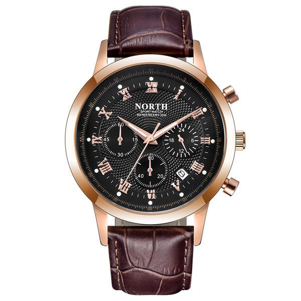 

north 6009 mens watches luxury chronograph quartz watch men leather strap auto date fashion casual sports military watches, Slivery;brown