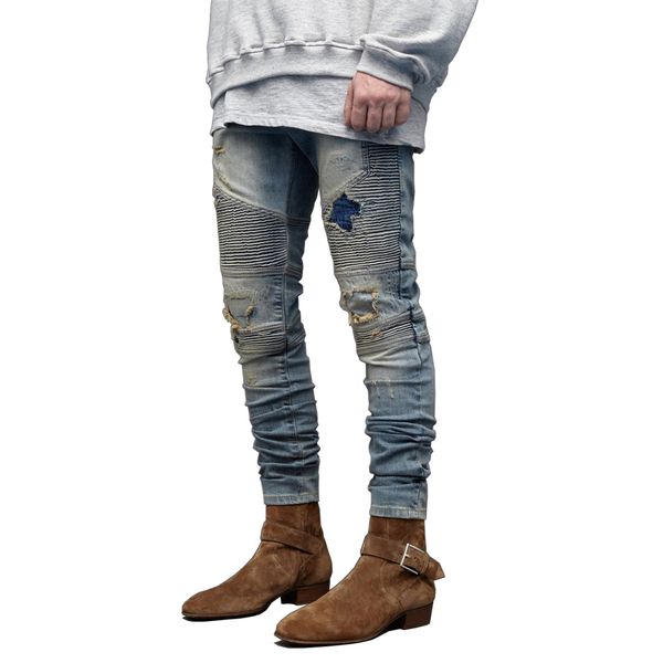 

men jeans fashion stretch hip hop skinny biker jeans, Blue