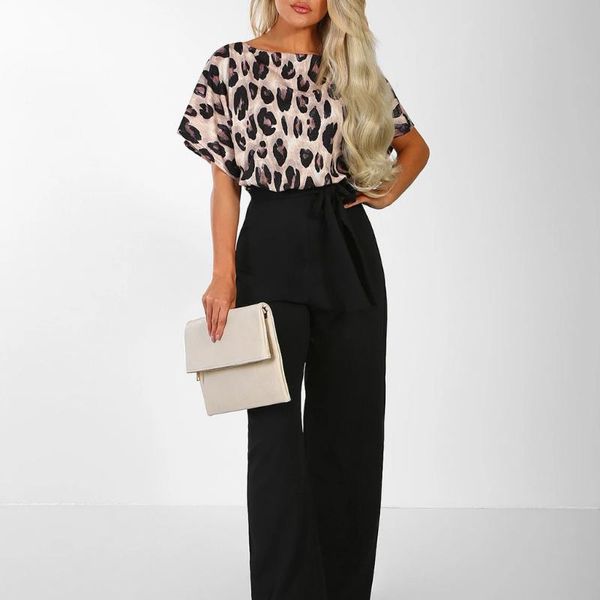 

women's printed leopard printed round neck lace buttoned straight jumpsuit leopard pocket short sleeve jumpsuit high 02*, Black;white