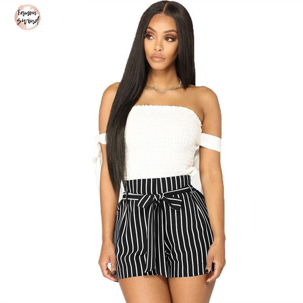 

шорты полиэстер полосатый дамы sexy женщин высокой талией лук ремень короткие штаны брюки 3 сыпучие wide leg одежда плюс размер, White;black