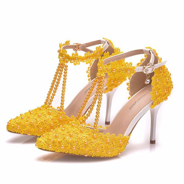 Yellow Lace Flor Fina Heel Mulheres Bombas tornozelo T-cintas Sandálias Sapato de bico fino bonitas sapatos de laço azul verde roxo da dama de honra Sapatos