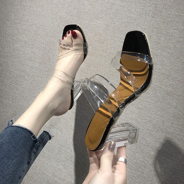 

slippers casual med square heel glitter slides high-heeled shoes lady shose women transparent heel pantofle shallow luxury, Black