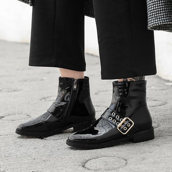 

2018 autumn buckle strap rivet pu patent leather motorcycle ankle boots women black med chunky heel shoes plus size 43